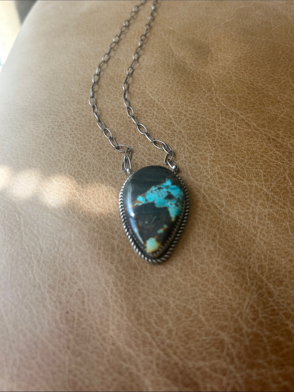 Navajo, Tia Long, Blackjack sterling silver tear drop necklace